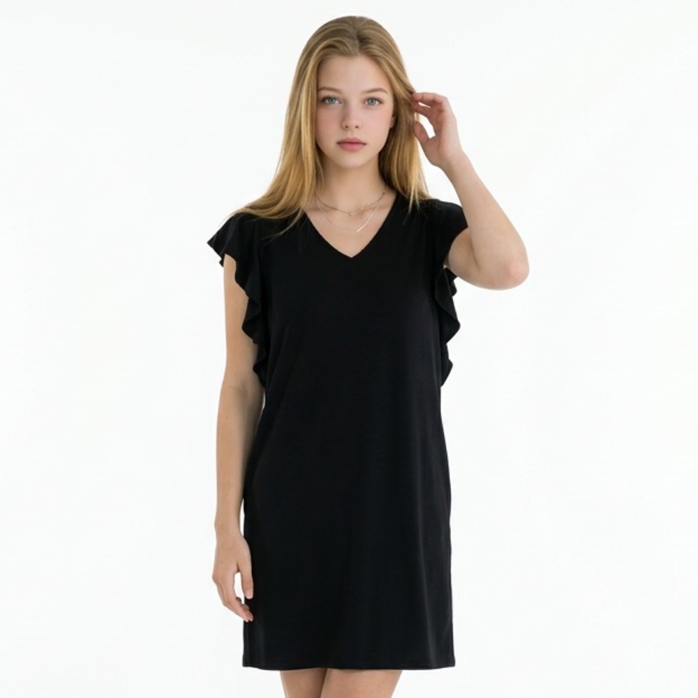 Liverpool Los Angeles Black Flutter Sleeve Shift Dress V-Neck Mini LBD M